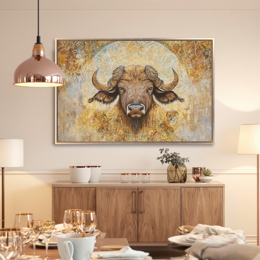 Framed Wall Art: Majestic buffalo portrait in warm gold and brown tones. Enhance your home decor with this stunning Canvas Print!