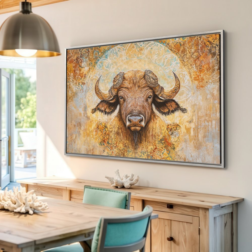 Framed Wall Art: Majestic buffalo portrait in warm gold and brown tones. Add a touch of nature-inspired art to your home decor.
