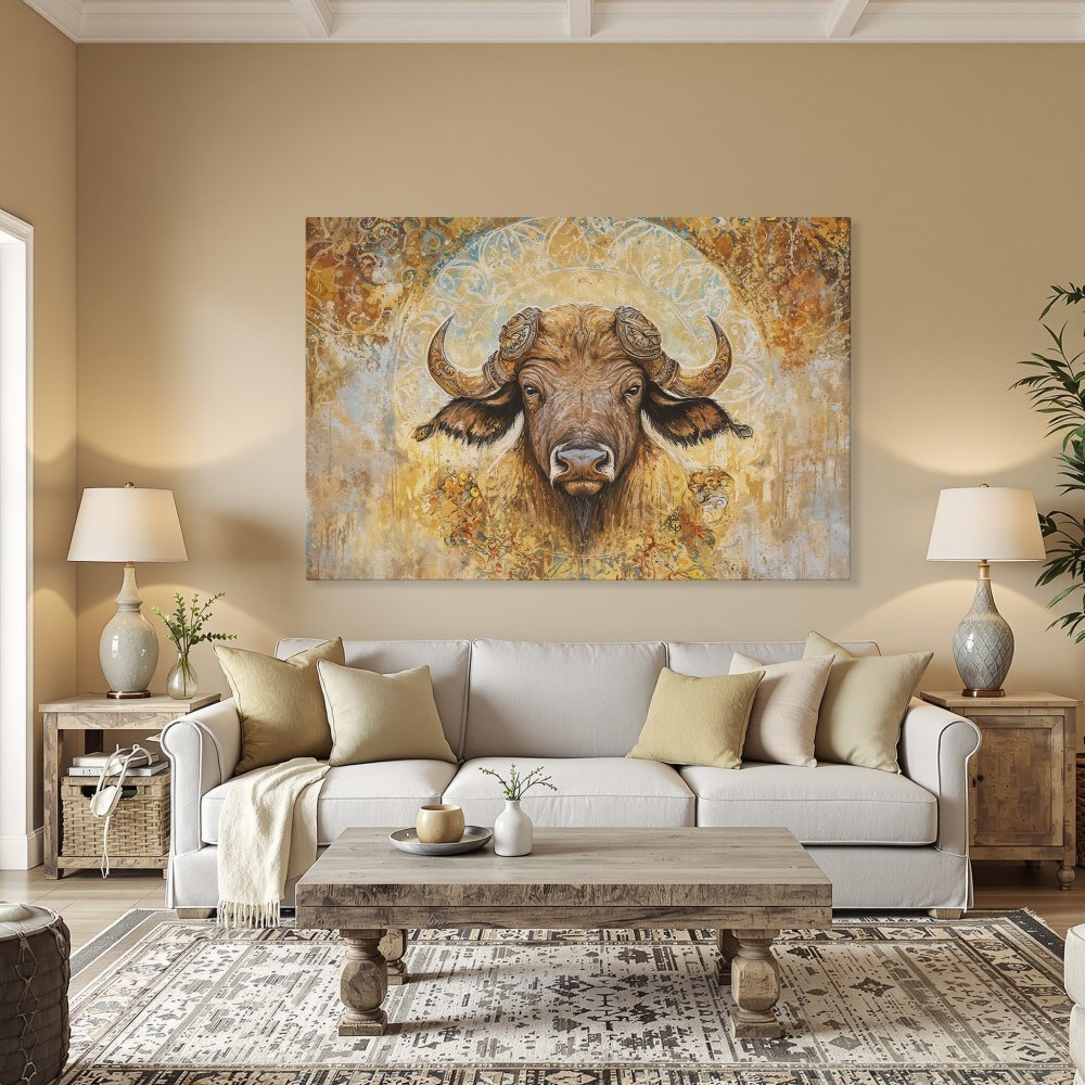 Framed Wall Art: Majestic buffalo portrait in warm gold and brown tones. Add a touch of rustic elegance with this stunning canvas print.