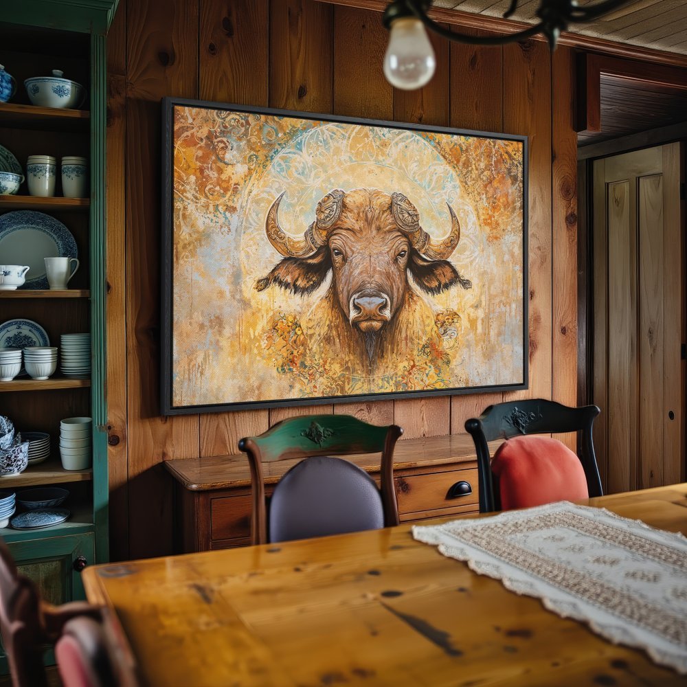 Framed Wall Art: Majestic buffalo portrait in warm, earthy tones. Rustic style Canvas Print adds a touch of nature to your home decor.