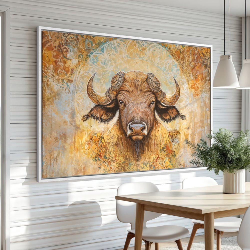 Framed Wall Art: Majestic buffalo portrait in warm earth tones. Add a touch of nature & artistry to your home with this stunning canvas print.
