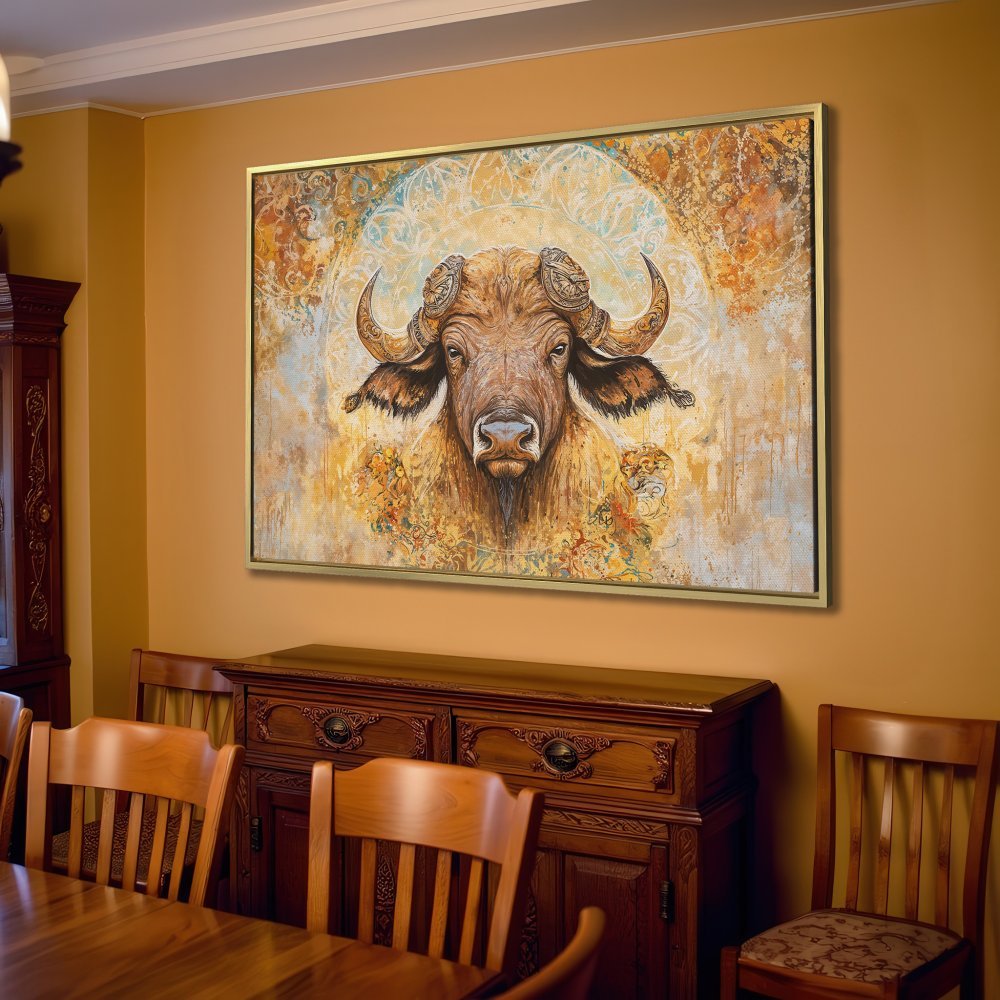 Canvas Print of a majestic buffalo. Earthy tones and artistic style add warmth to any room. Shop framed wall art now!
