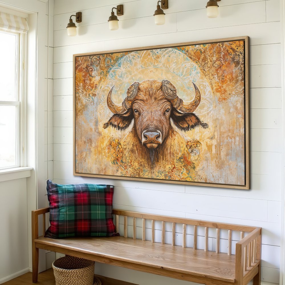 Framed Wall Art: Majestic buffalo portrait in warm, earthy tones. Enhance your home decor with this stunning canvas print.