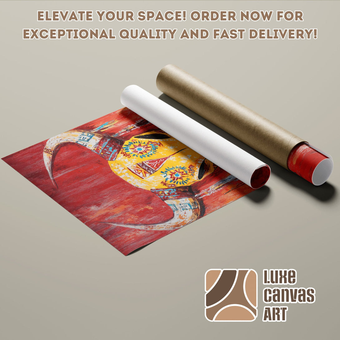 Poster Roll featuring a colorful abstract bull skull art print. Red, yellow, and white color palette. Elevate your space with Luxe Canvas Art!