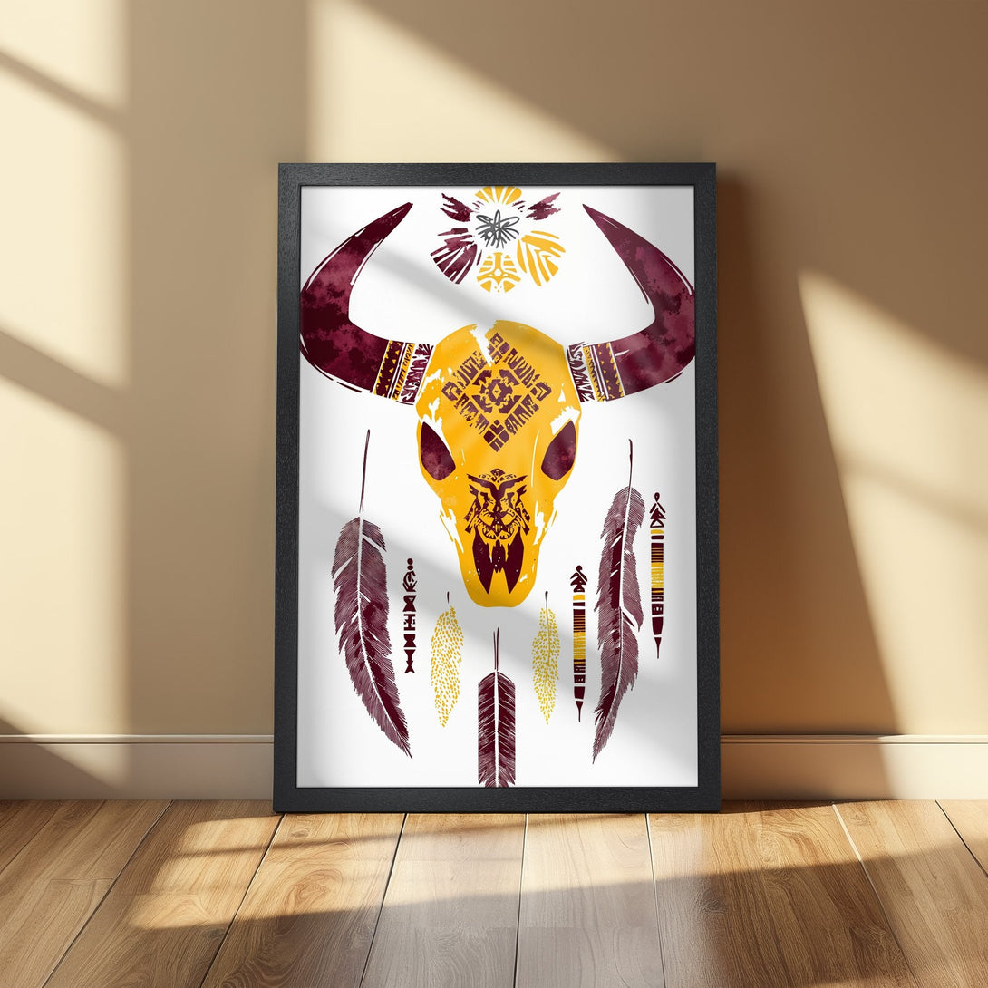 Framed Poster featuring a tribal bull skull design in burgundy and gold, perfect for adding a touch of boho style to your home decor.