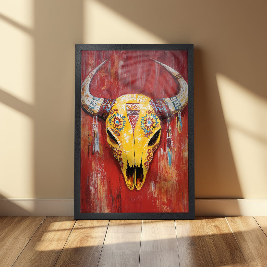 Framed Poster featuring a vibrant yellow bull skull with tribal art on a red background. Bold and colorful art for your home.