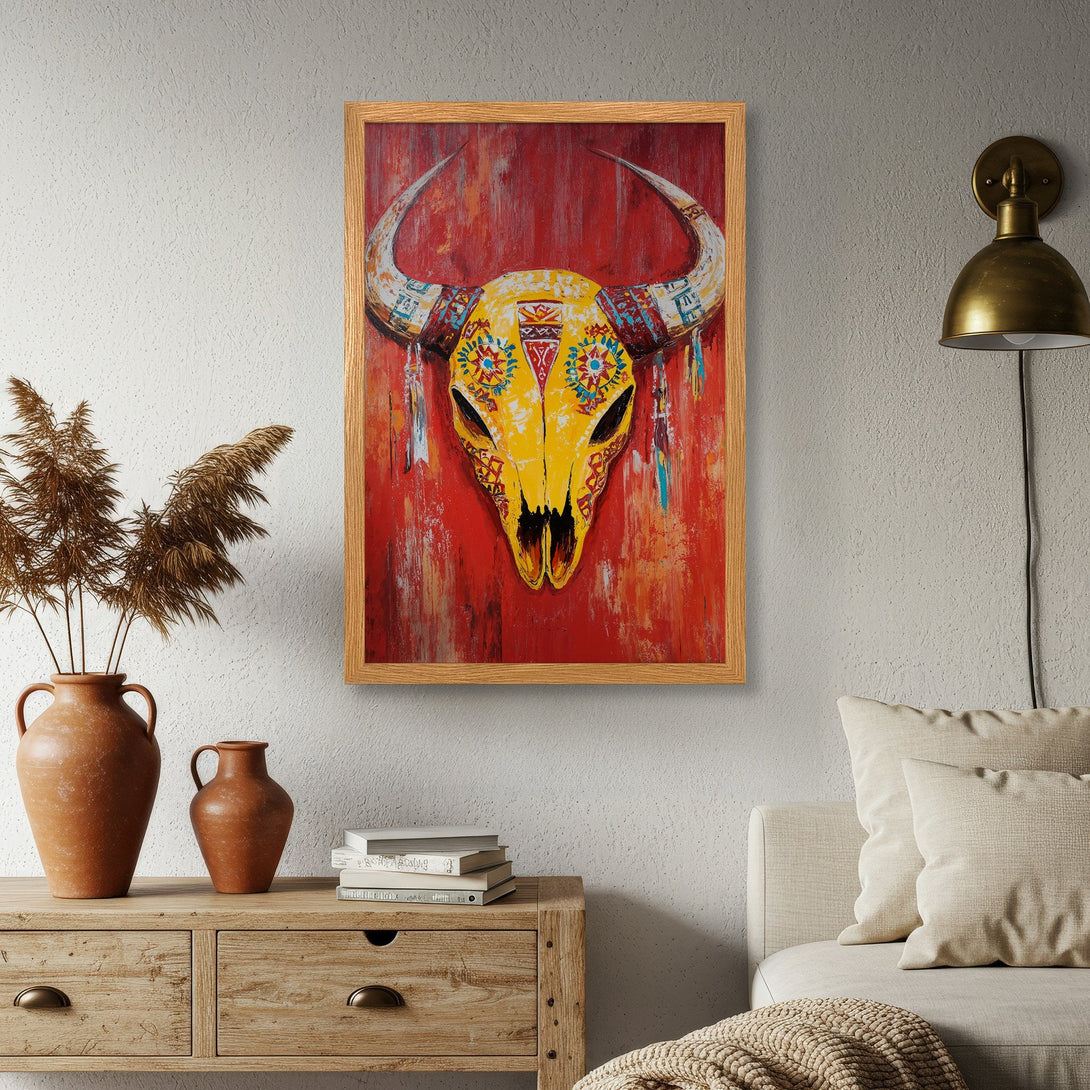 Framed Poster featuring a vibrant bull skull art print in a rustic style with a red, yellow, and blue color palette. Perfect wall decor!