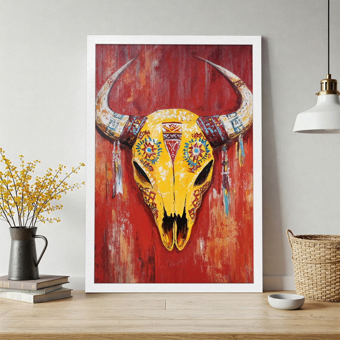 Framed Poster featuring a vibrant yellow bull skull on a red background. Bold, artistic style with a warm, earthy color palette.