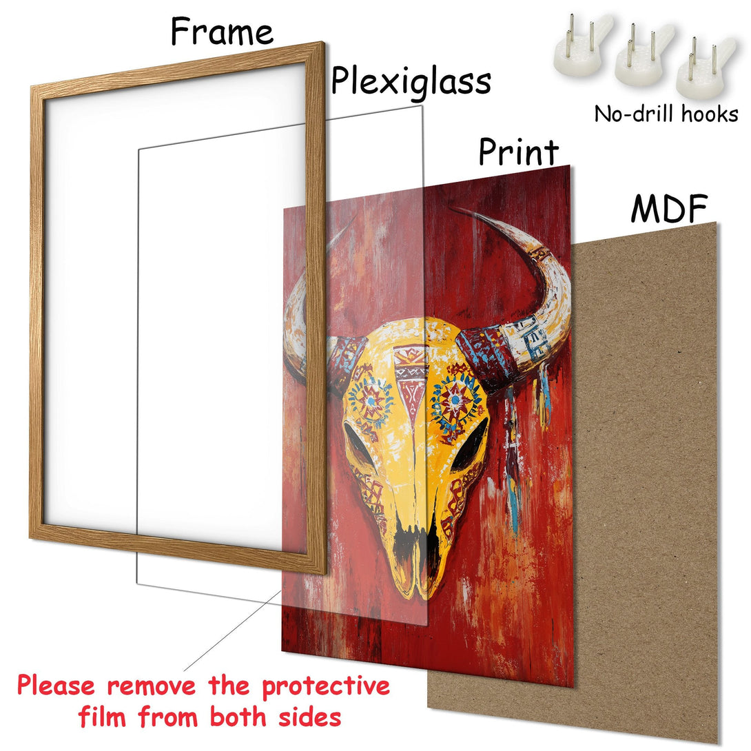 Framed Poster featuring a vibrant bull skull art print in red, yellow, and blue. Add a touch of Southwestern style to your home!