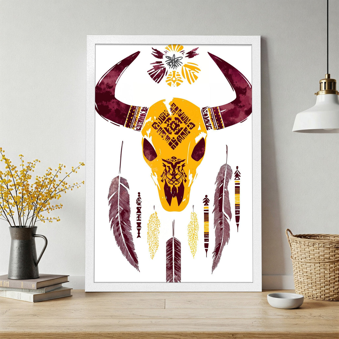 Framed Poster featuring a tribal bull skull design in a warm yellow and burgundy color palette. Perfect for boho decor!
