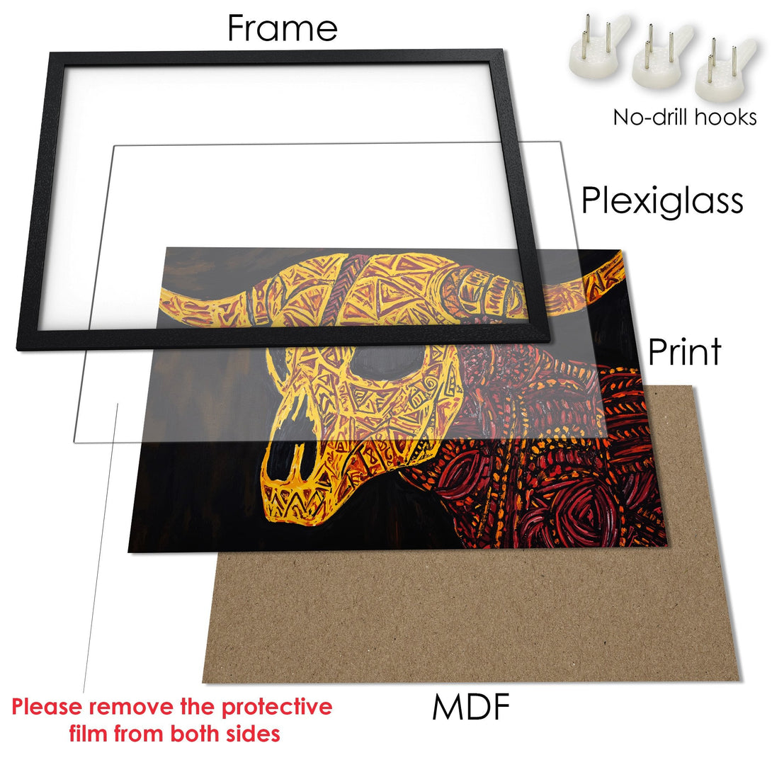 Framed Poster featuring a vibrant tribal skull art print in warm yellow and red tones, a striking addition to any decor.
