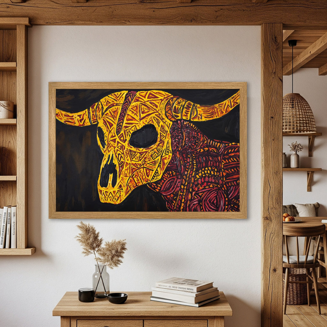 Framed Poster featuring a vibrant bull skull artwork in warm yellow and red tones, perfect for adding a unique touch to any space.