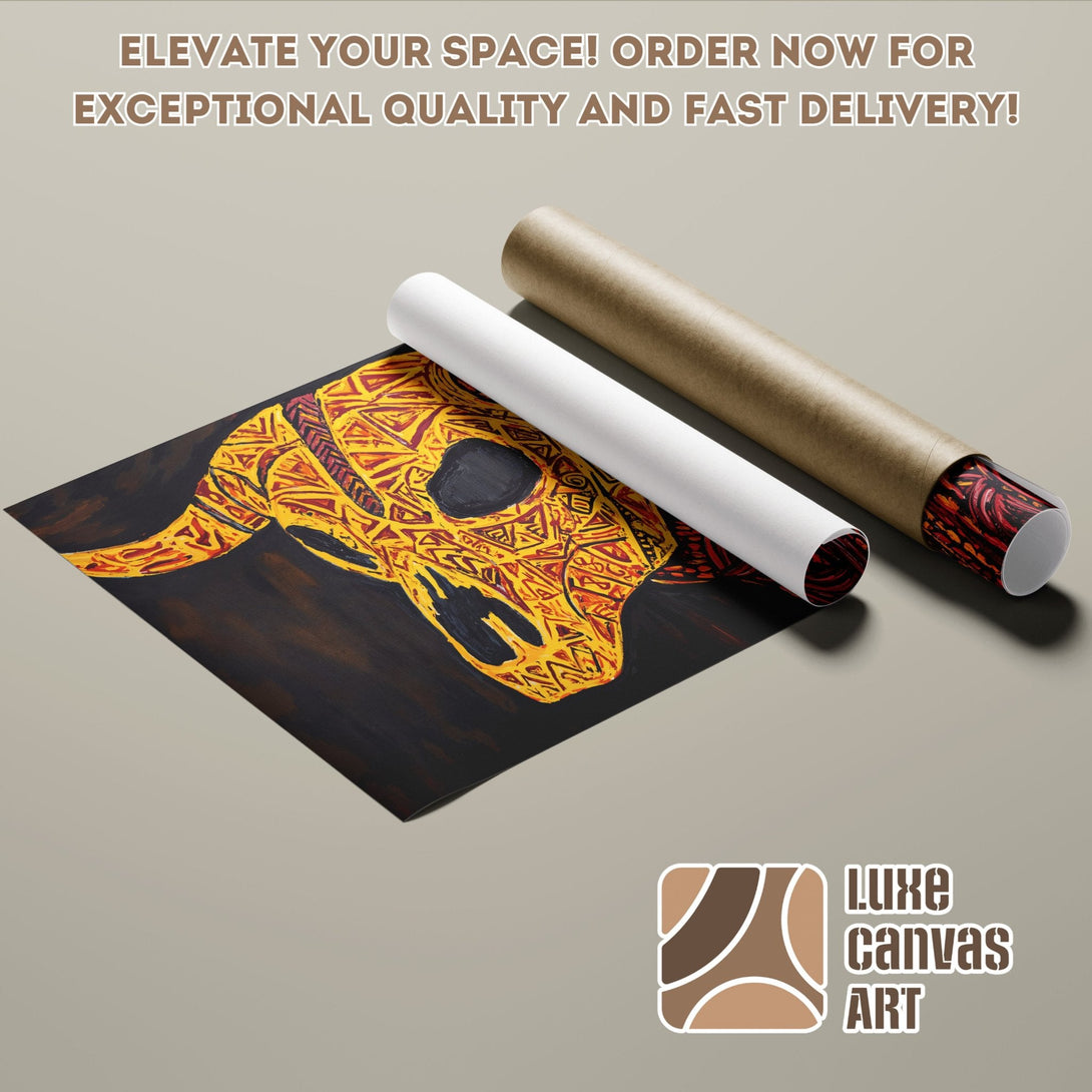 Poster Roll featuring tribal bull skull art in yellow and red on black. Elevate your space!