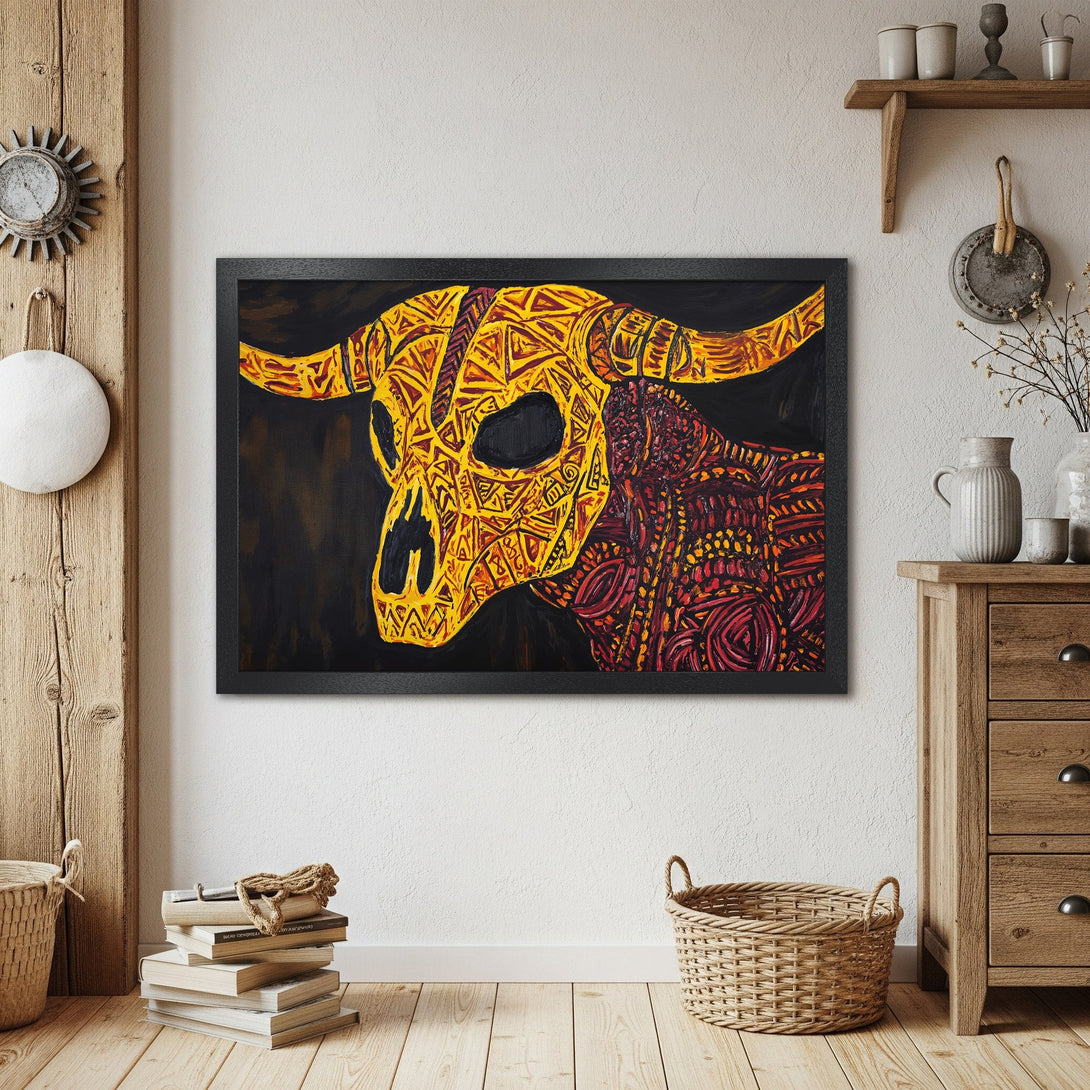 Framed Poster featuring a colorful, tribal-style bull skull art print. Warm yellow and red hues pop against a dark background. Enhance your home decor!