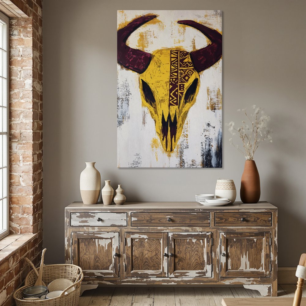 Framed Wall Art: Abstract bull skull canvas print in yellow, burgundy, and white. Modern art for dining room decor.