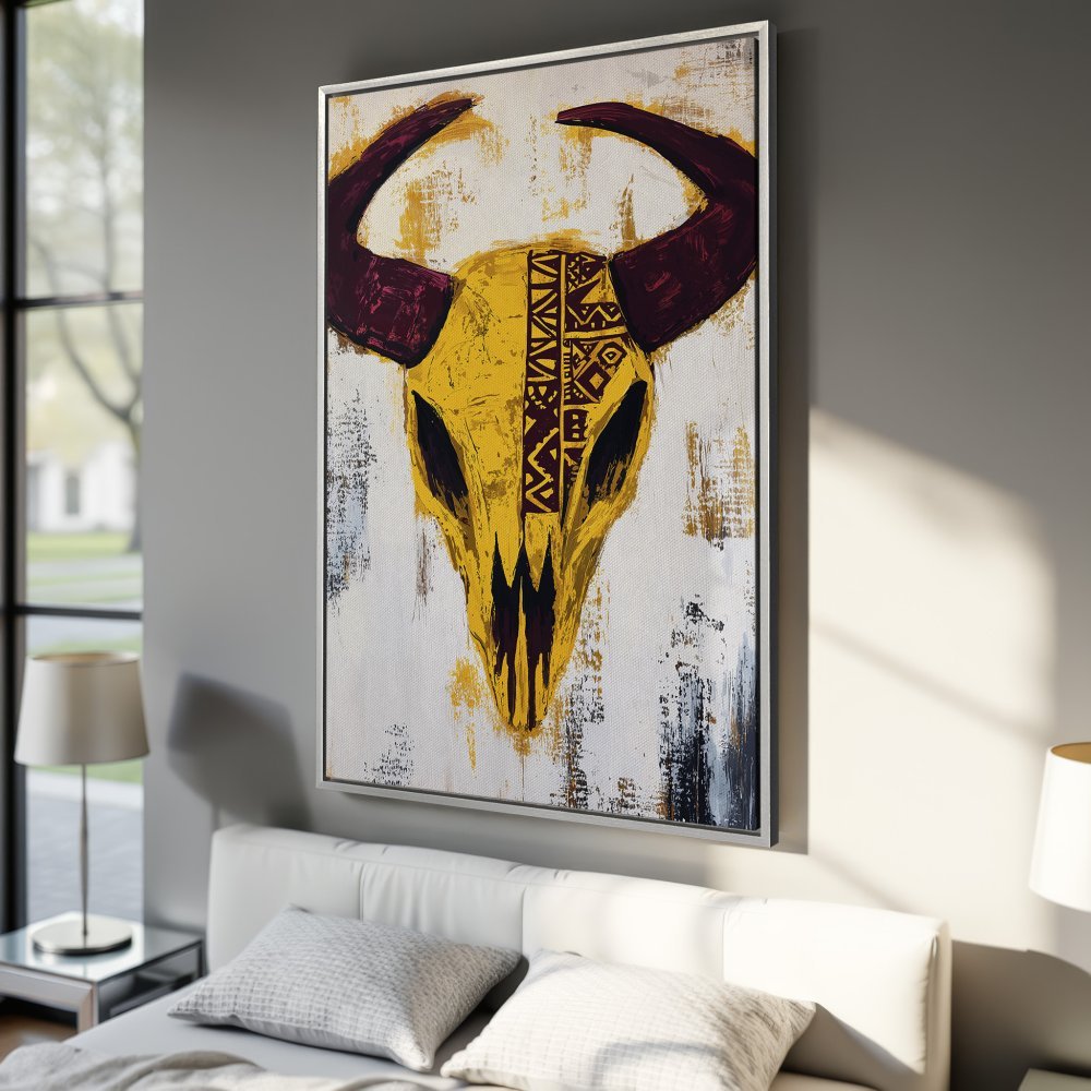 Framed Wall Art: Abstract bull skull painting in yellow, burgundy, and white. Modern, stylish canvas print for home decor.