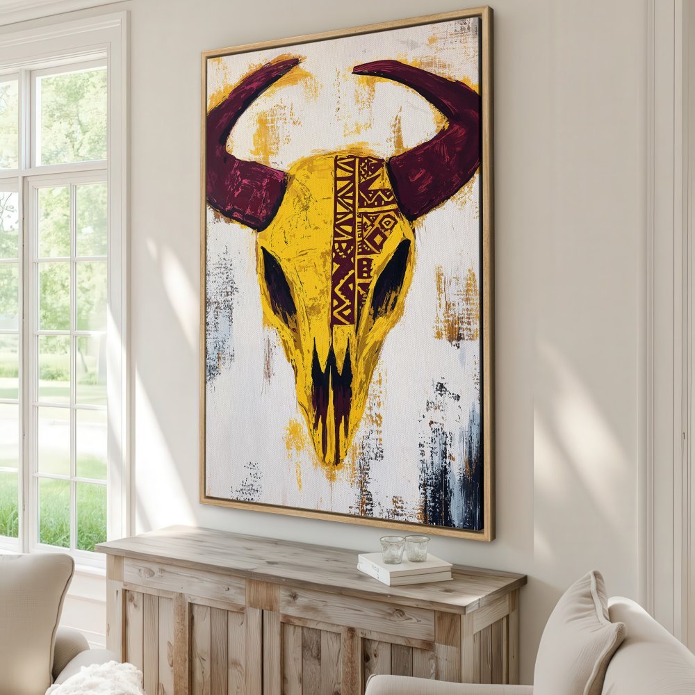 Framed Wall Art: Bold bull skull painting in yellow and burgundy. Modern abstract style, perfect for adding a statement piece to your home decor.