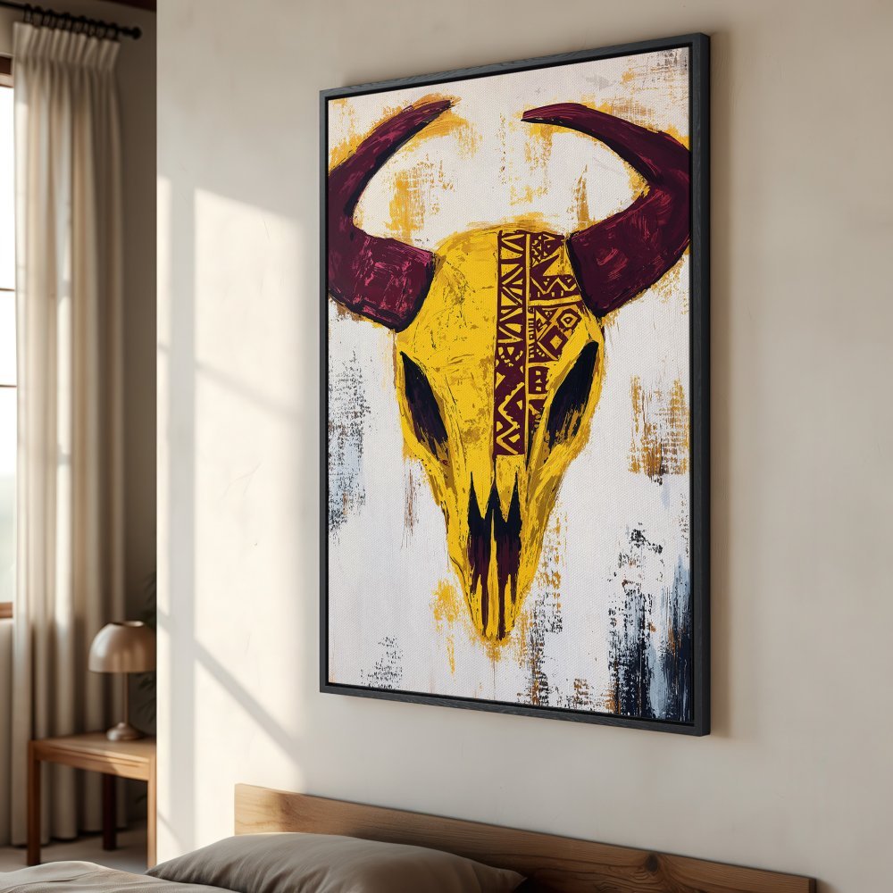 Framed Wall Art: Abstract bull skull painting in yellow and burgundy. Add a unique touch to your home decor with this striking canvas print.