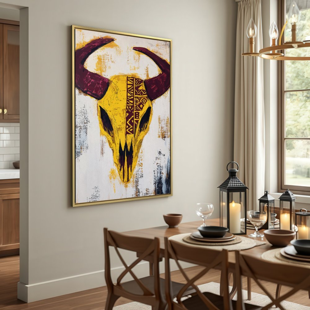 Abstract Canvas Print of a bull skull in yellow, burgundy, and white. Modern wall art for a stylish home.