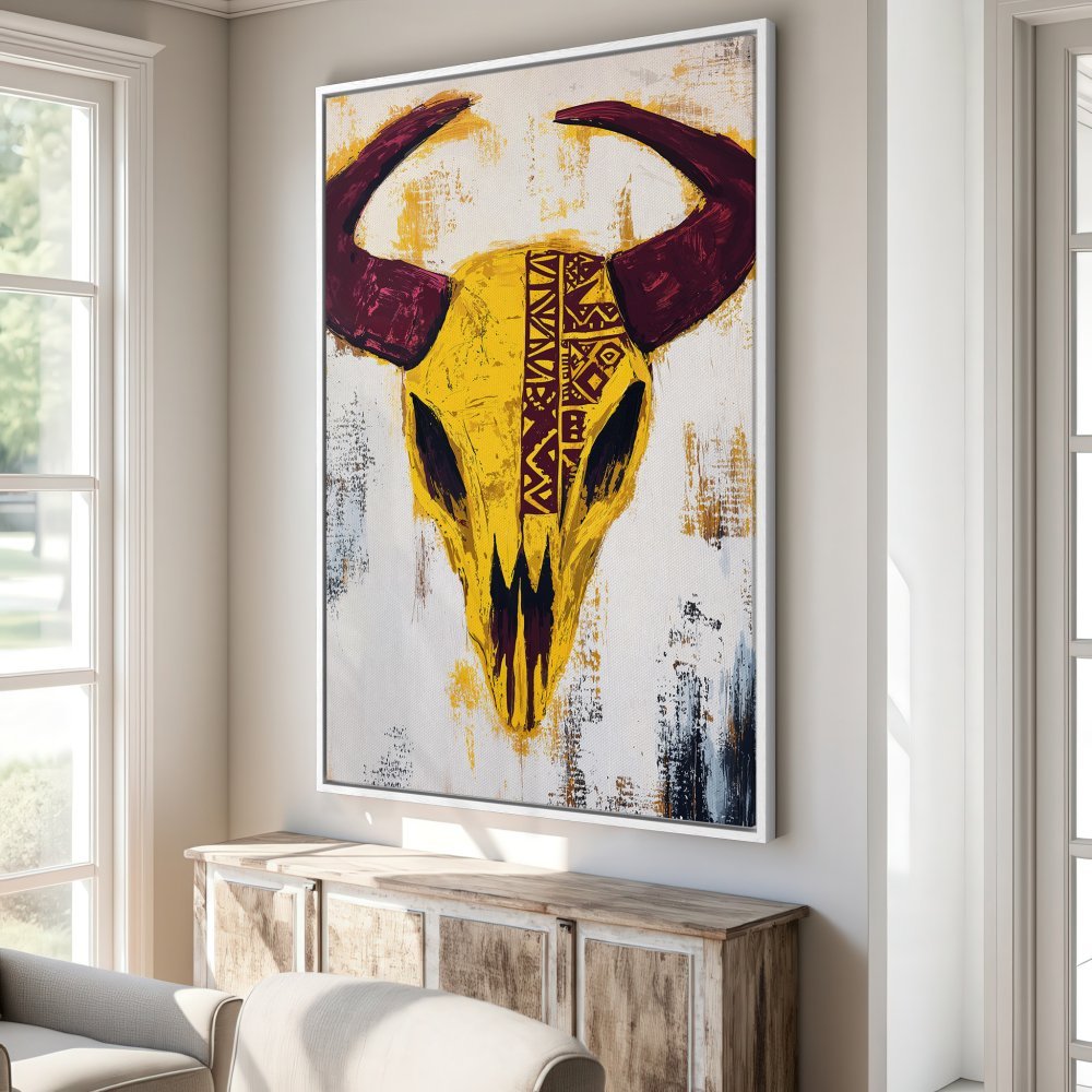 Framed Wall Art: Abstract bull skull canvas print in yellow, burgundy, and white. Add bold style to your home decor!