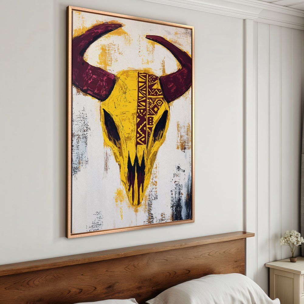 Framed Wall Art: Abstract bull skull canvas print in yellow, burgundy & white. Modern art for your home decor.