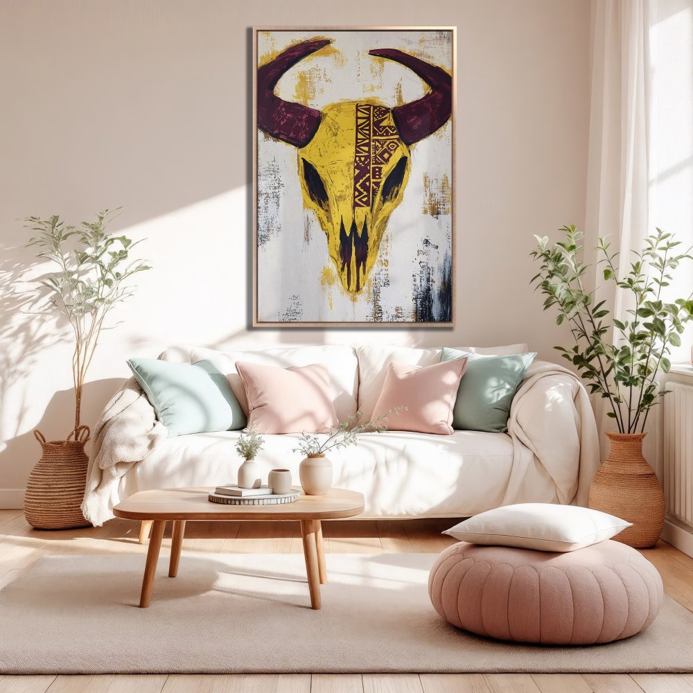 Framed Wall Art: Bold bull skull canvas print in yellow, burgundy, and white. Modern art for living room decor.