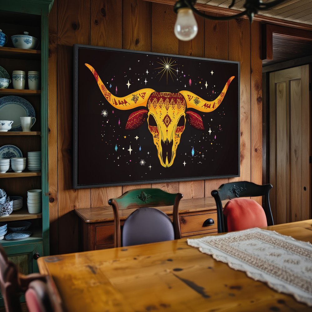 Framed Wall Art: Boho bull skull canvas print with yellow, red, and black color palette. Perfect for rustic or southwestern decor.