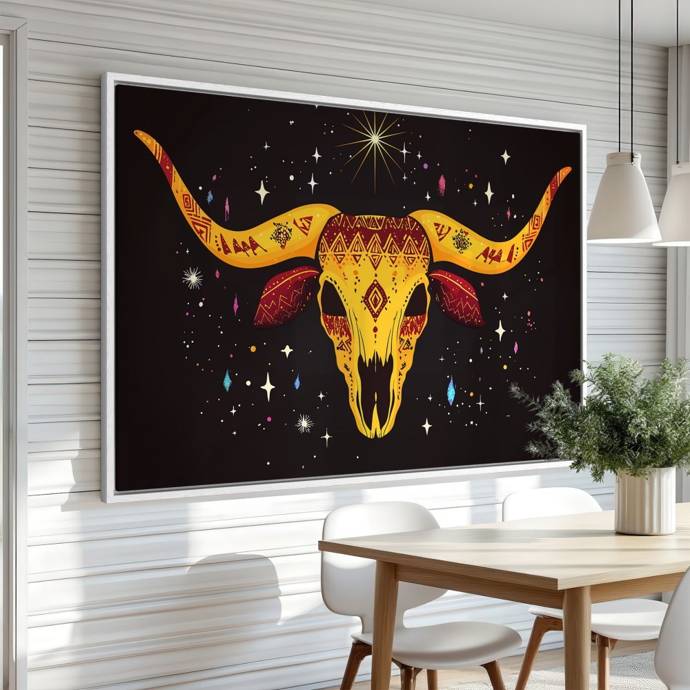 Framed Wall Art: Boho bull skull canvas print with a vibrant yellow, red, and black color palette. Perfect for adding a unique touch to your home decor.