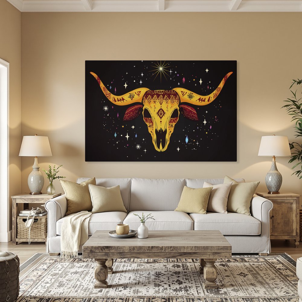 Framed Wall Art: Boho bull skull canvas print with a vibrant yellow, red, and black color palette. Perfect for adding a touch of Southwestern style to your home.