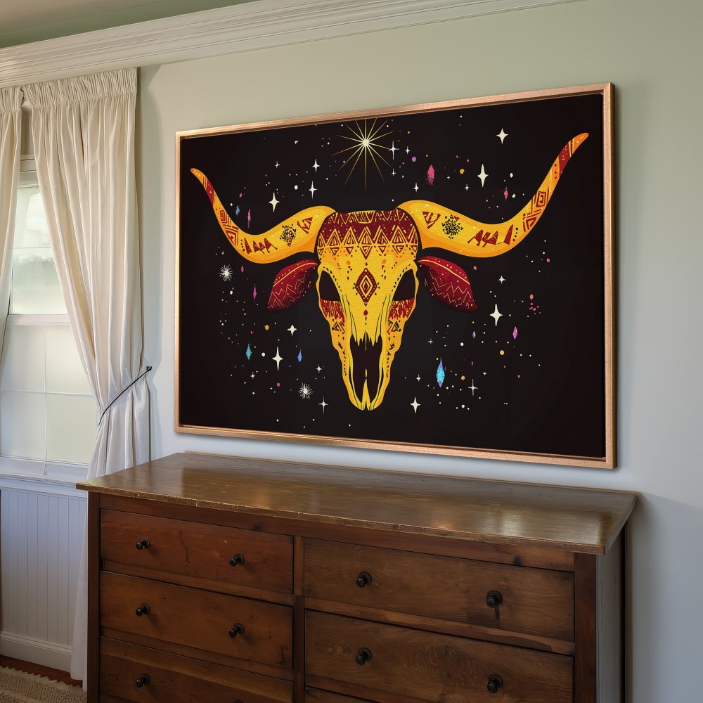 Framed Wall Art: Tribal skull canvas print with a black background and vibrant yellow, red, and gold accents. Perfect for boho home decor.