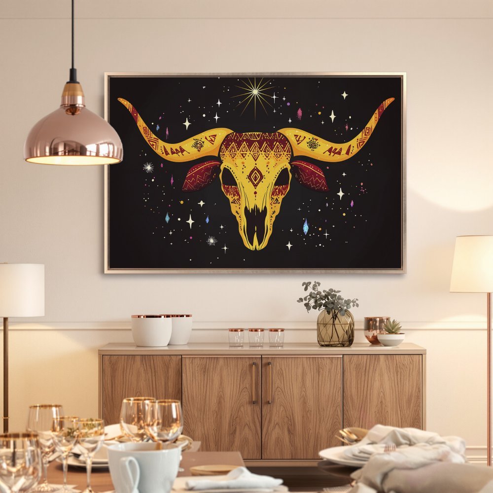 Framed Wall Art: Boho bull skull canvas print with gold, yellow, and black color palette. Perfect for adding a touch of Southwestern style to your home decor.
