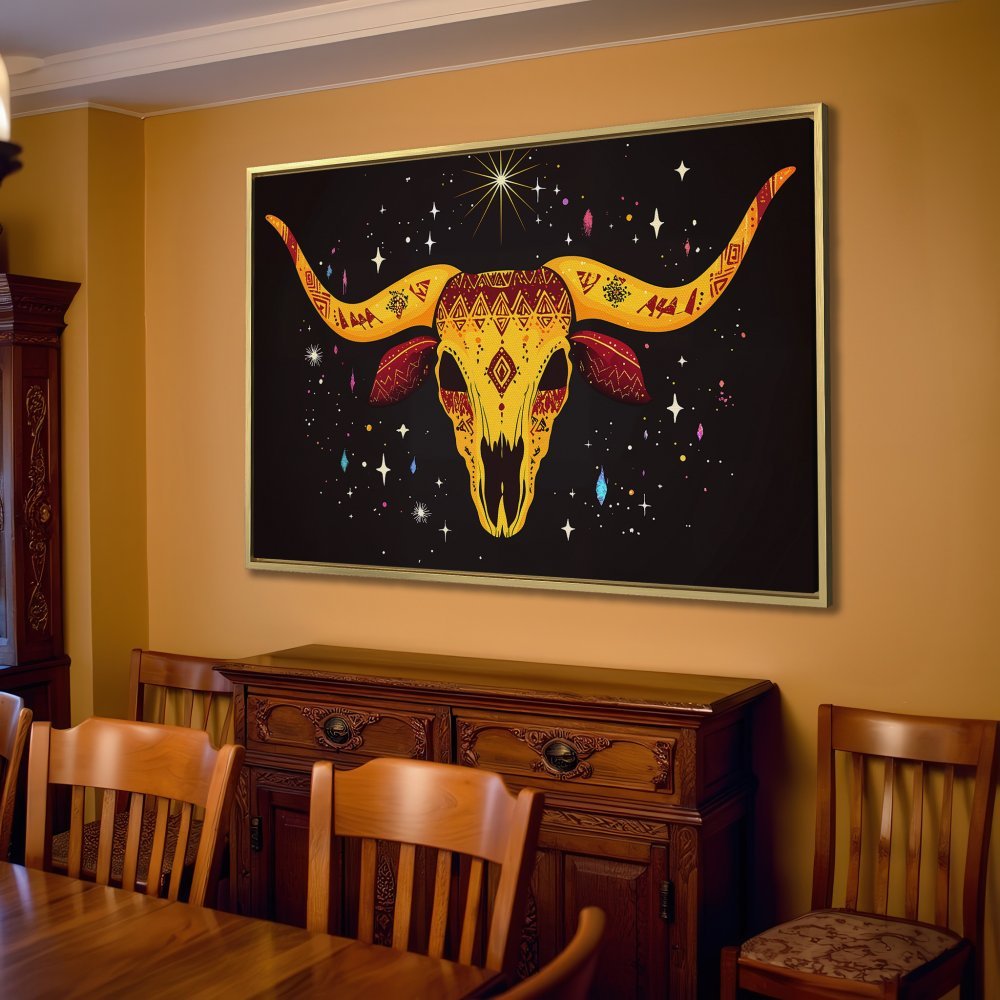 Canvas Print featuring a vibrant, boho-style bull skull against a starry black background. Warm yellow and red tones. Perfect wall decor.