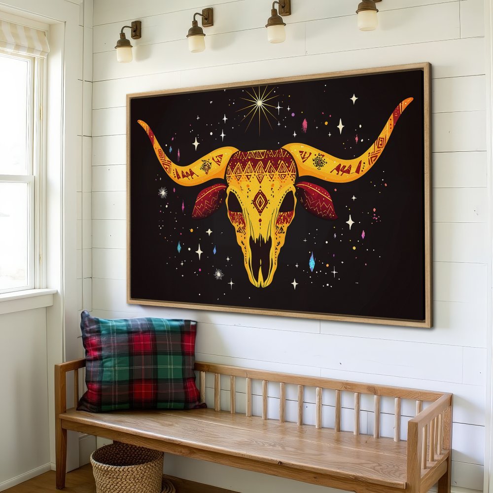 Framed Wall Art: Boho bull skull canvas print with a black background and yellow, red, and gold color palette. Perfect for rustic decor.