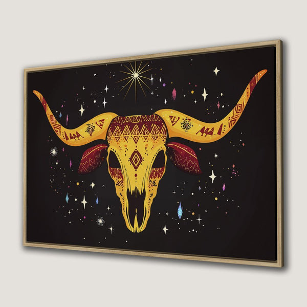 Framed Wall Art: Boho bull skull canvas print with a celestial design and a warm, earthy color palette. Perfect for adding unique style to your space!