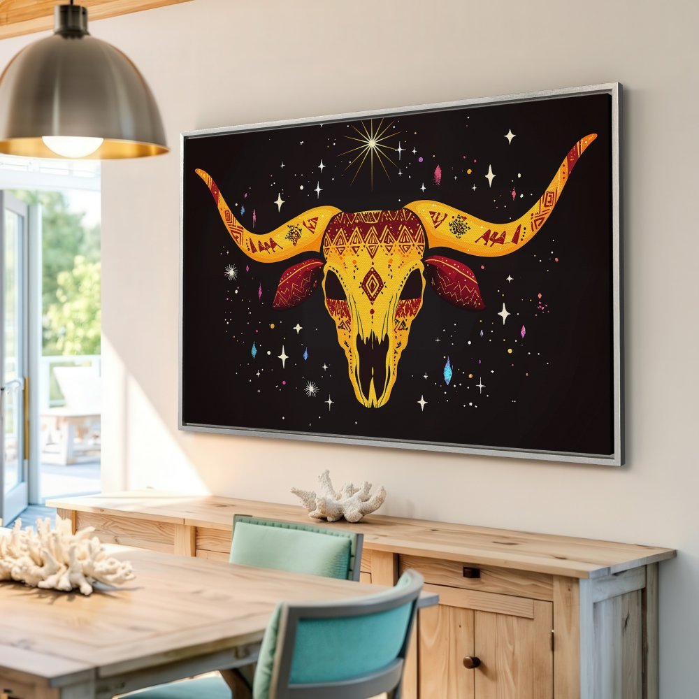 Framed Wall Art: Boho bull skull Canvas Print with vibrant yellow, red, and black colors. Perfect for adding a unique touch to your home decor.