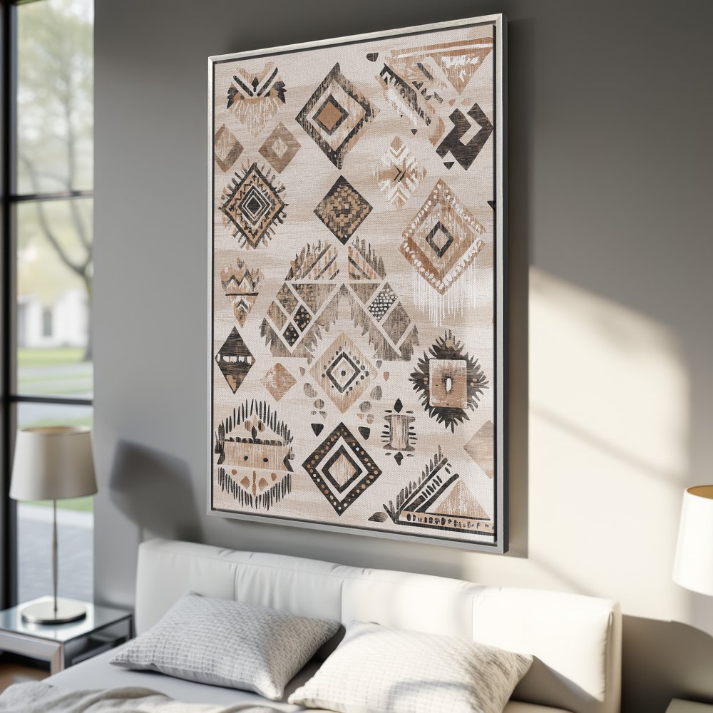 Framed Wall Art: Geometric tribal design Canvas Print in neutral beige, brown, and black tones. Perfect for adding a touch of boho style to your bedroom decor.