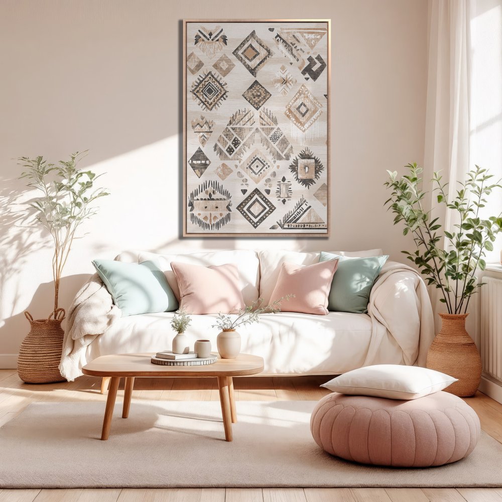 Framed Wall Art featuring a geometric pattern in neutral tones, perfect for adding a touch of boho style to your living room.