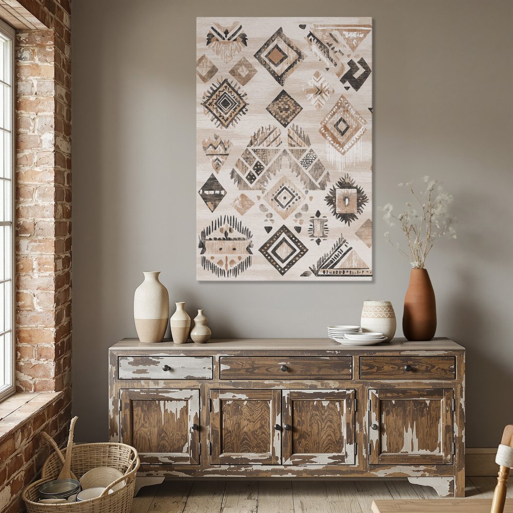 Framed Wall Art featuring a geometric tribal design in neutral beige and brown tones, perfect for adding a touch of boho style to your dining room.