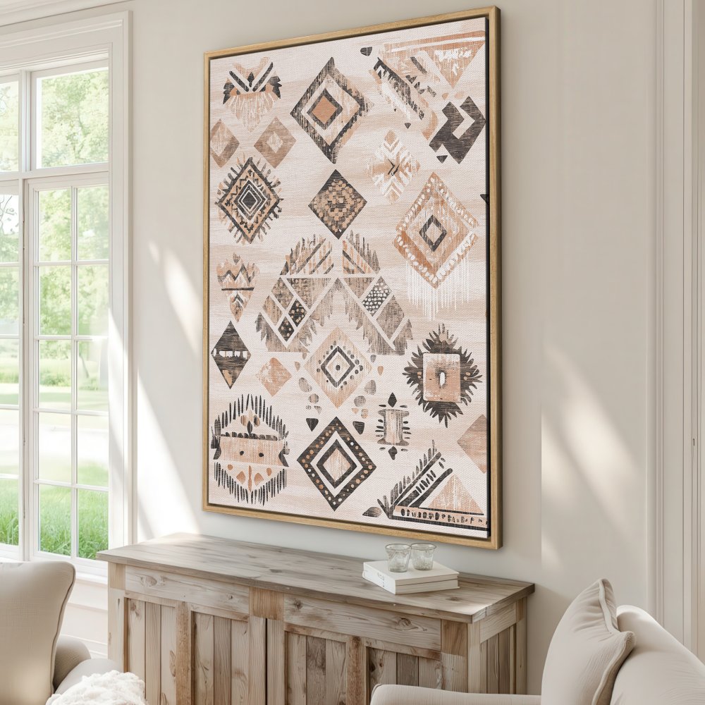 Framed Wall Art Canvas Print, geometric tribal pattern in neutral beige, brown, and black tones. Perfect for modern boho home decor.