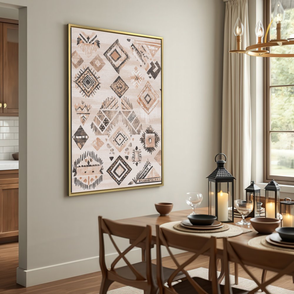 Canvas Print: Geometric tribal art in neutral beige and brown tones, perfect for boho decor.