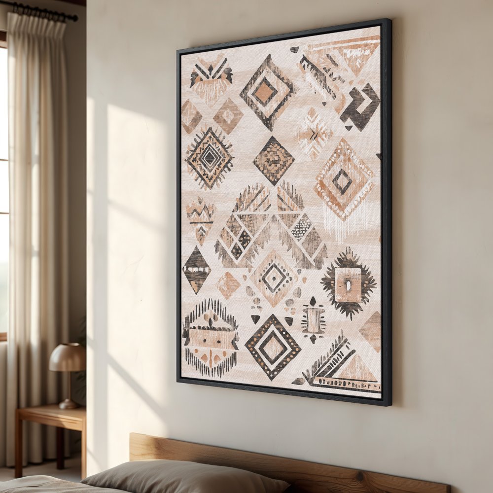 Framed Wall Art featuring geometric tribal design in neutral tones. Elevate your space with this stylish Canvas Print!