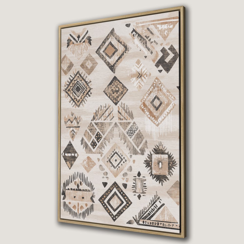 Framed Wall Art: Geometric tribal pattern in neutral beige and brown tones. Perfect for adding a touch of boho style to your space.