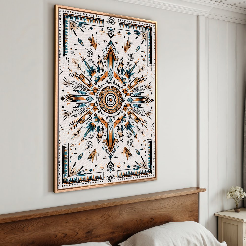 Framed Wall Art: Geometric mandala design in teal, orange, and black. Boho style canvas print adds a touch of art to any room.