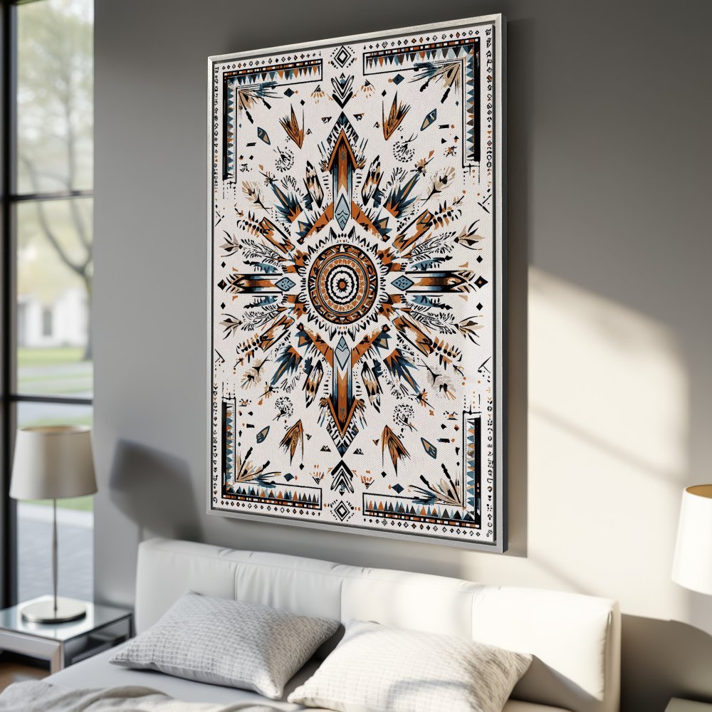 Boho Canvas Print wall art in a bedroom. Geometric design with warm orange, blue, and cream color palette. Add style to your space!