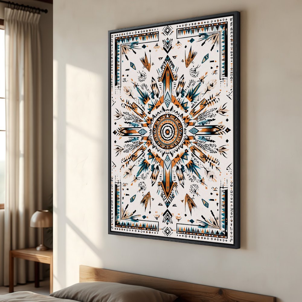 Framed Wall Art: Boho-style Canvas Print with a geometric sunburst design in teal, orange, and cream. Perfect for adding a touch of warmth!