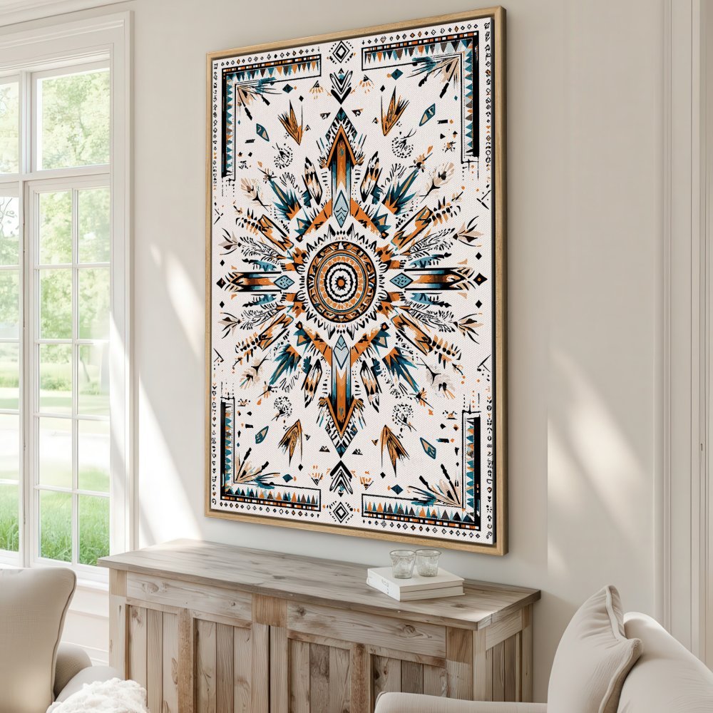 Framed Wall Art: Bohemian-style Canvas Print with geometric design in teal, orange, and cream. Perfect for adding a touch of artistry to your space!