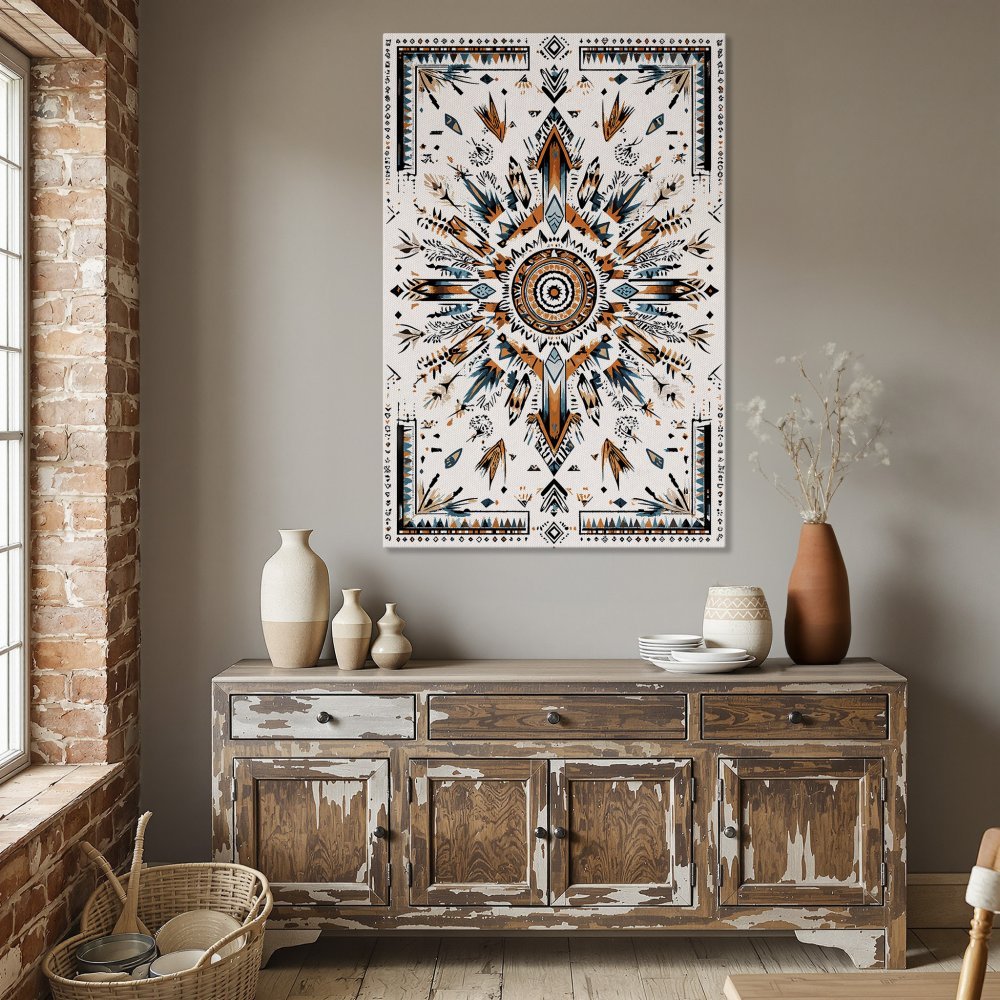 Framed Wall Art: Boho-style canvas print with geometric design in teal, orange, and beige. Perfect for dining room decor.