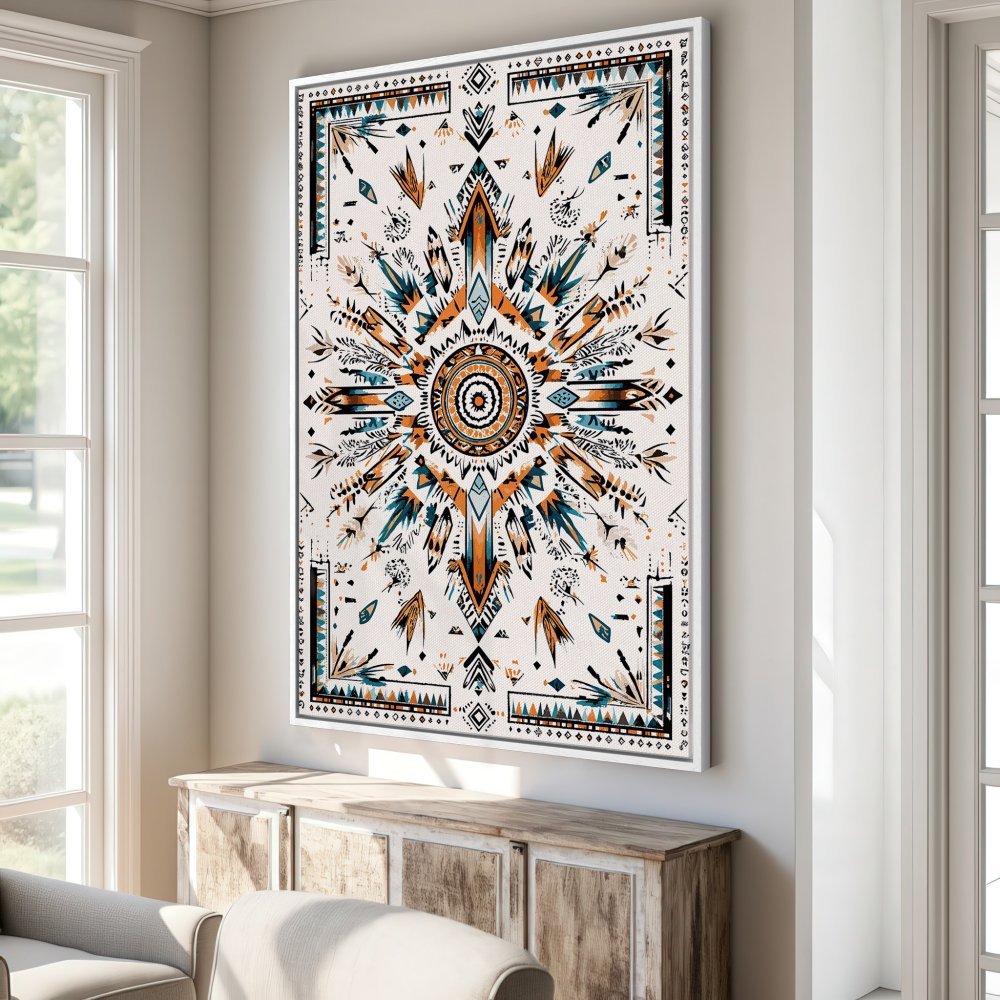 Framed Wall Art featuring a geometric tribal design in teal, orange, and black. Perfect for adding a bohemian touch to your home decor.