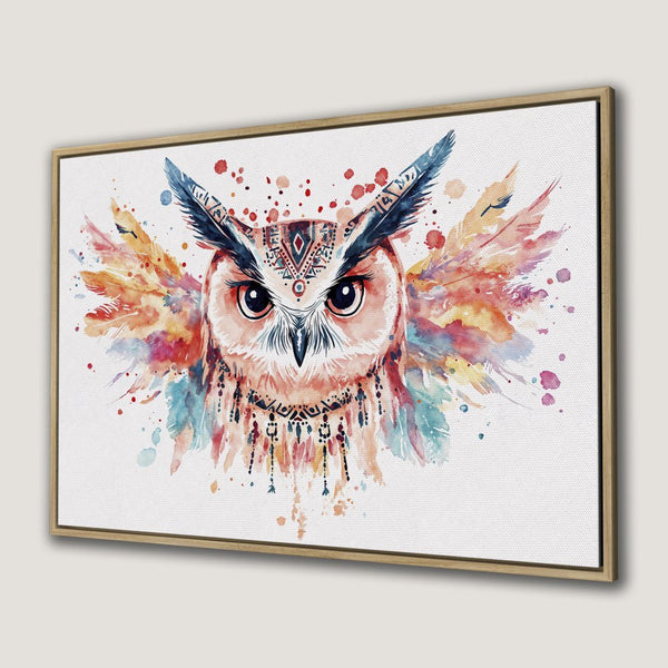 Watercolor Canvas Print of an owl with vibrant, bohemian style. Featuring a warm, colorful palette, perfect for home decor.