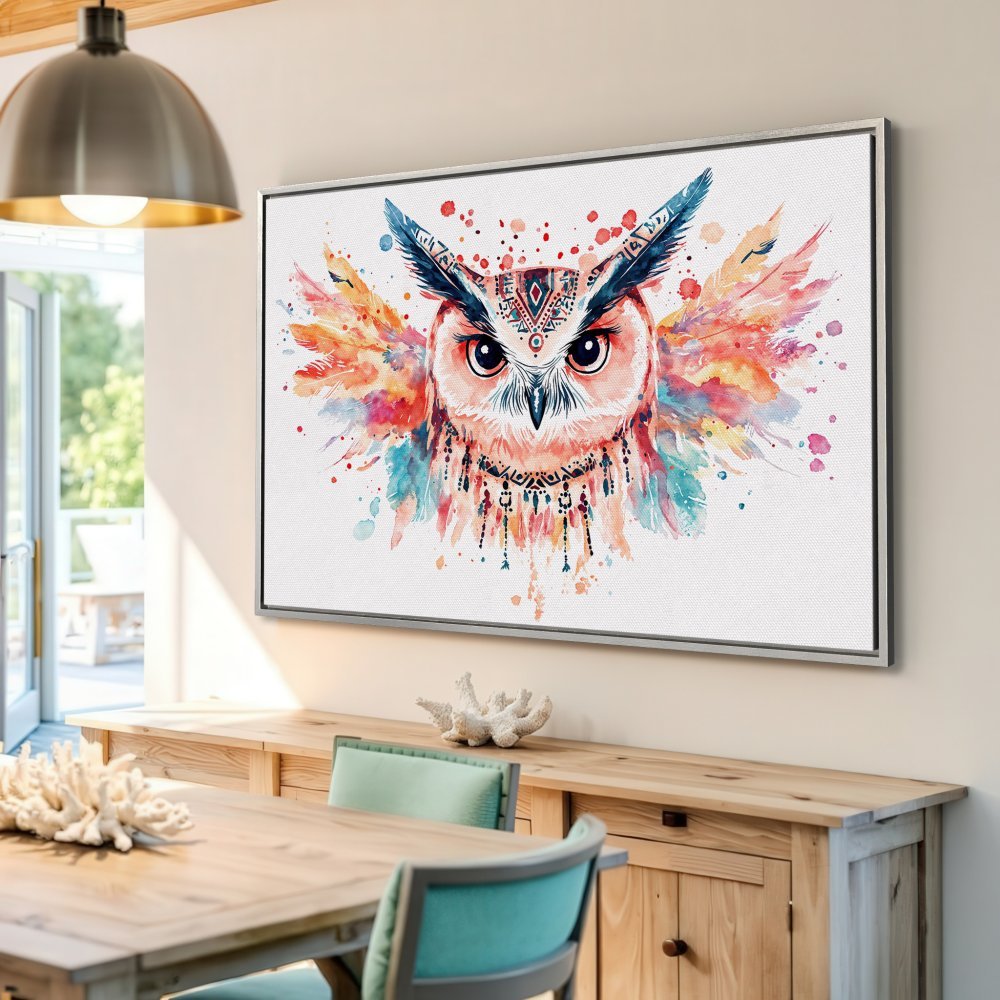 Watercolor owl Canvas Print in vibrant colors. Boho style wall art featuring a colorful owl with red, orange, and blue hues.